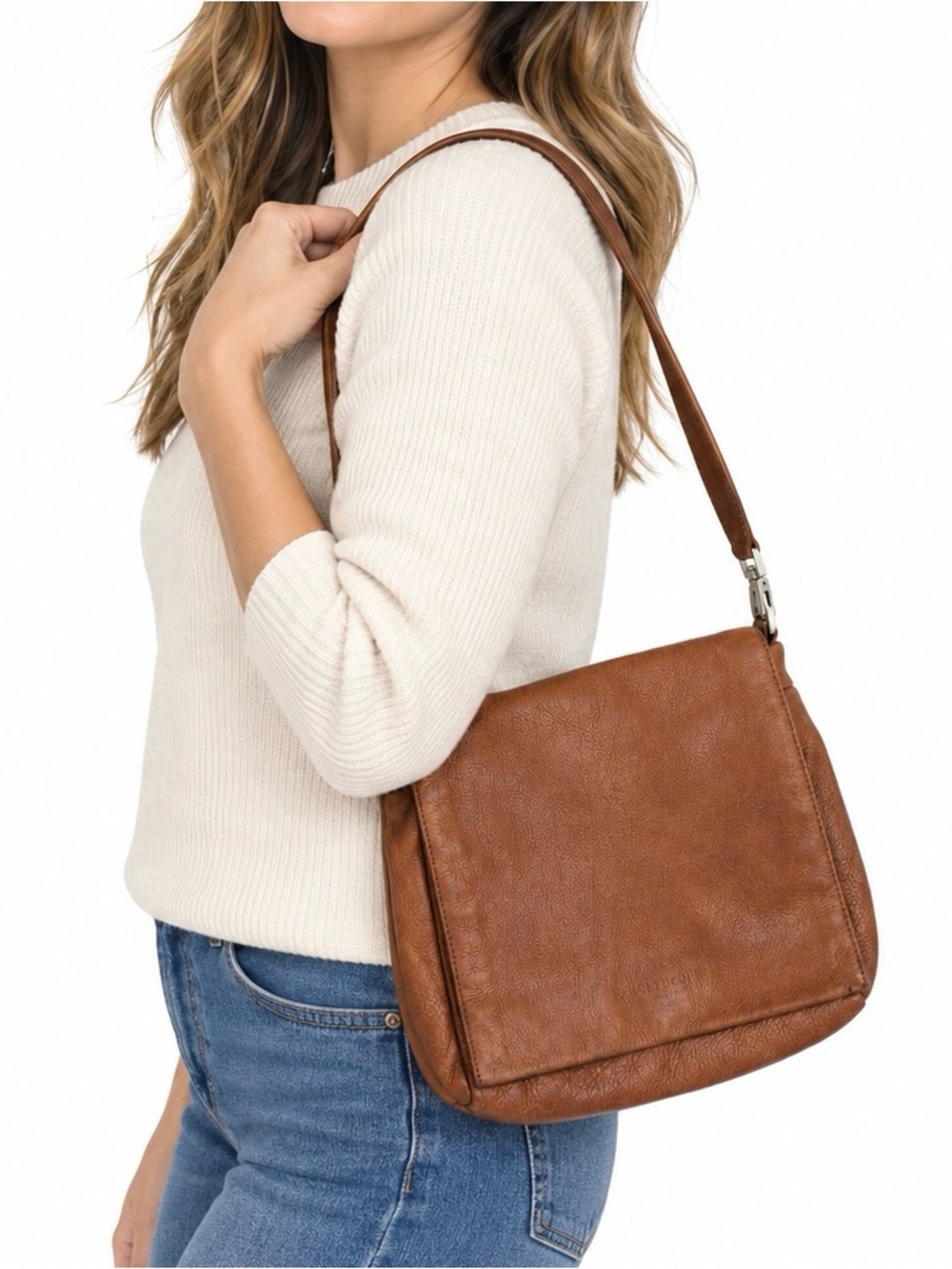 Kenneth Cole New York Cognac Brown Pebbled Leather Flap Shoulder Bag Timeless